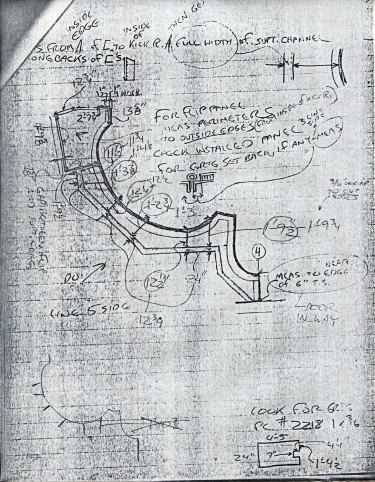 Sheffield Steel field verification sketch by James MacLaren, RSS floor steel, left side Orbiter Mold Line, grating panels support, channel framing.